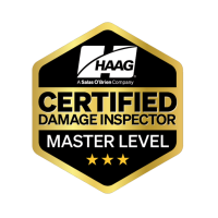 A black and gold badge that says Haag Certified Damage Inspector Master Level